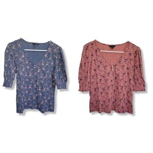 Lucky Brand Blue And Pink Cottagecore Fitted 3/4 Sleeve Peasant V Neck Blouses